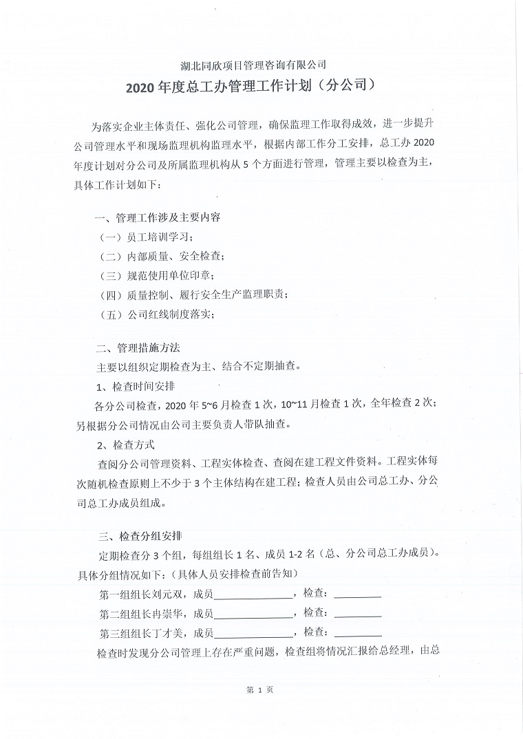 2020年度总工办管理工作计划（分公司）1