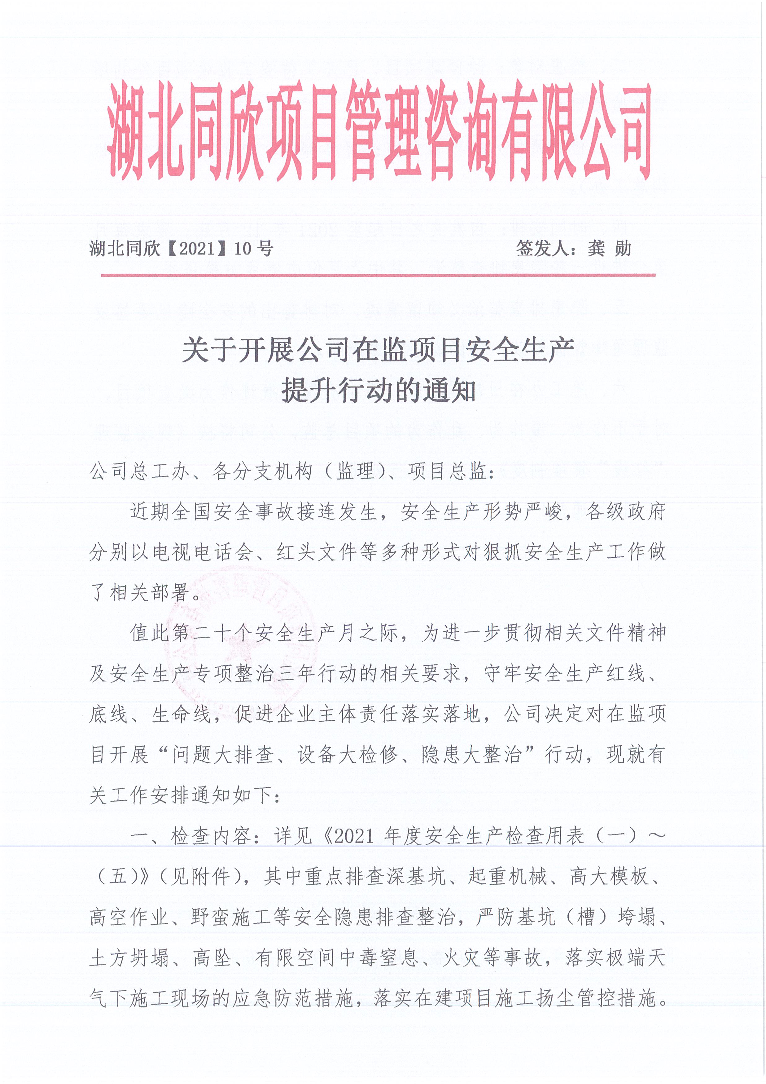 湖北万利官网[2021]10号关于开展公司在监项目安全生产提升行动的通知1